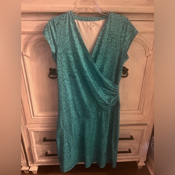 Athleta Nectar Faux Wrap Turquoise Paisley Printed Ruched Dress Athleisure - Picture 3 of 8